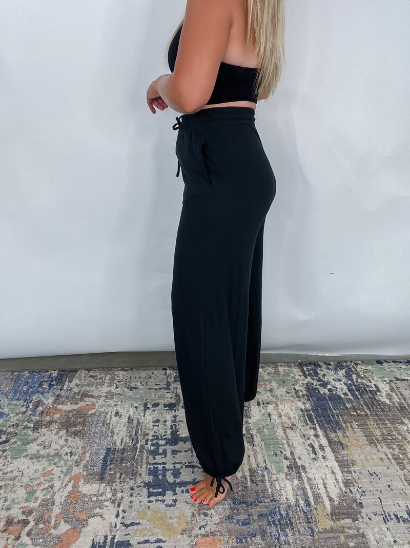 The Take It Easy Lounge Pants - Black Hight Waist Drawstring Wide Leg Pants