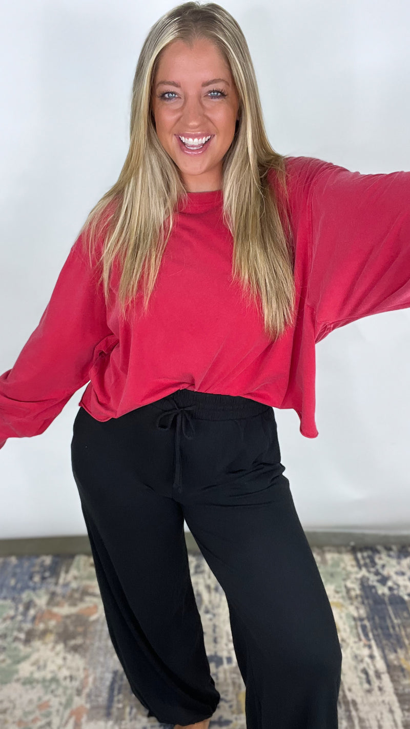 The Weekend Wash Top - Red Washed Oversized Long Sleeve Top