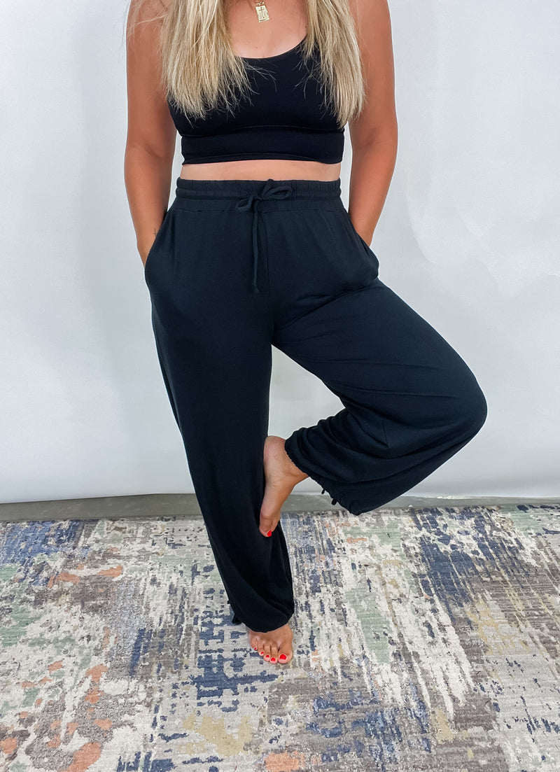 The Take It Easy Lounge Pants - Black Hight Waist Drawstring Wide Leg Pants