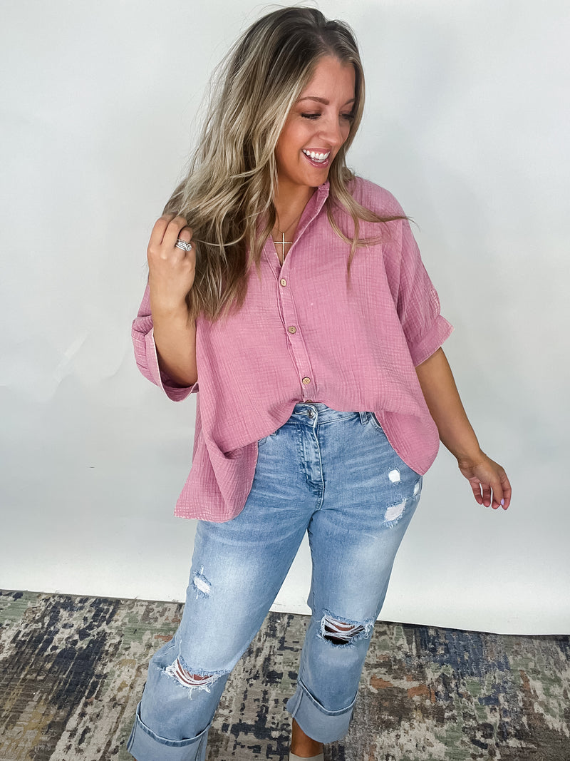Coastal Breeze Button Down - Light Rose