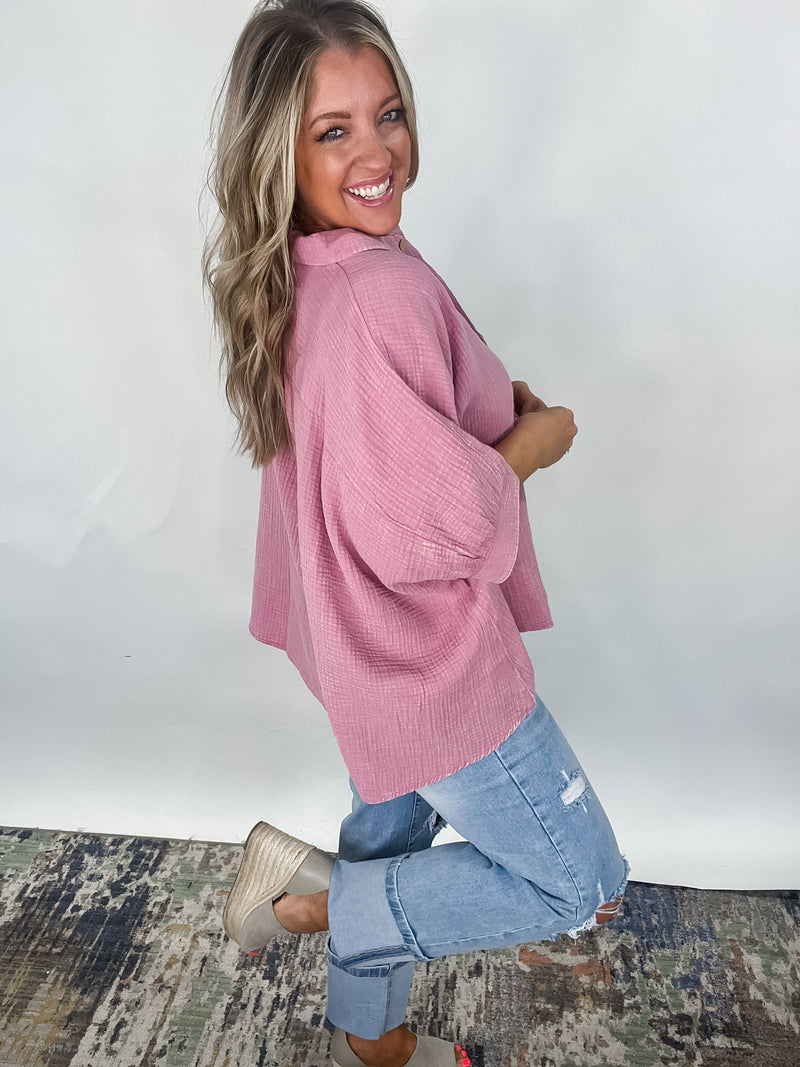 Coastal Breeze Button Down - Light Rose