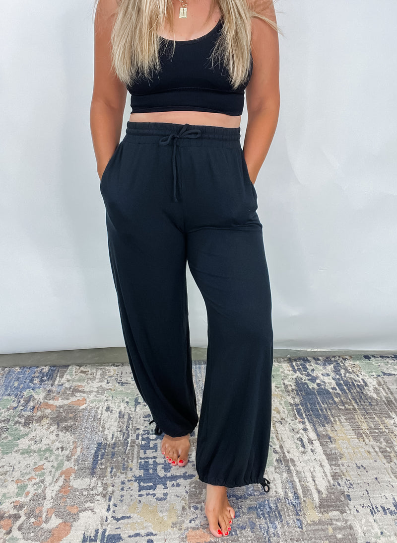 The Take It Easy Lounge Pants - Black Hight Waist Drawstring Wide Leg Pants