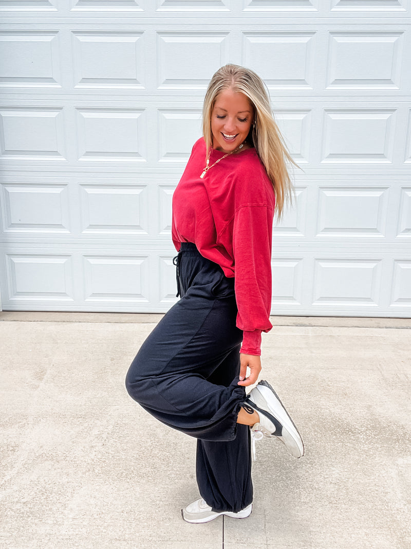 The Weekend Wash Top - Red Washed Oversized Long Sleeve Top