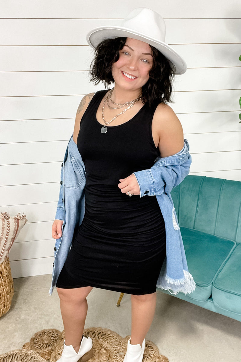 Rushing To You- Black Ruched Sleeveless Dress