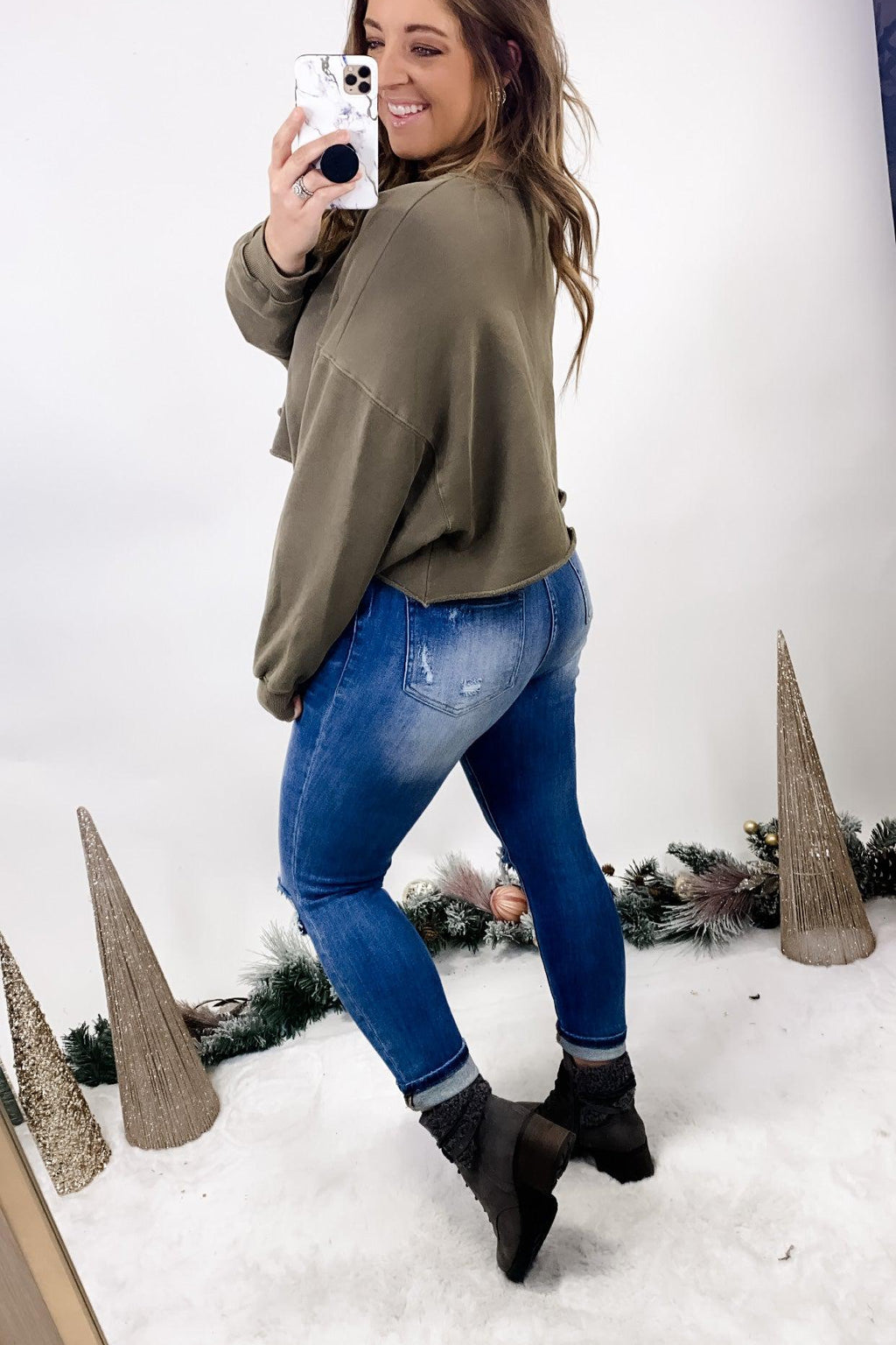 The Jaelyn's- Medium Wash High Waisted Distressed Skinny Jeans