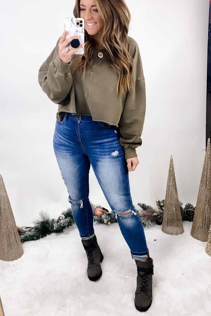 The Jaelyn's- Medium Wash High Waisted Distressed Skinny Jeans