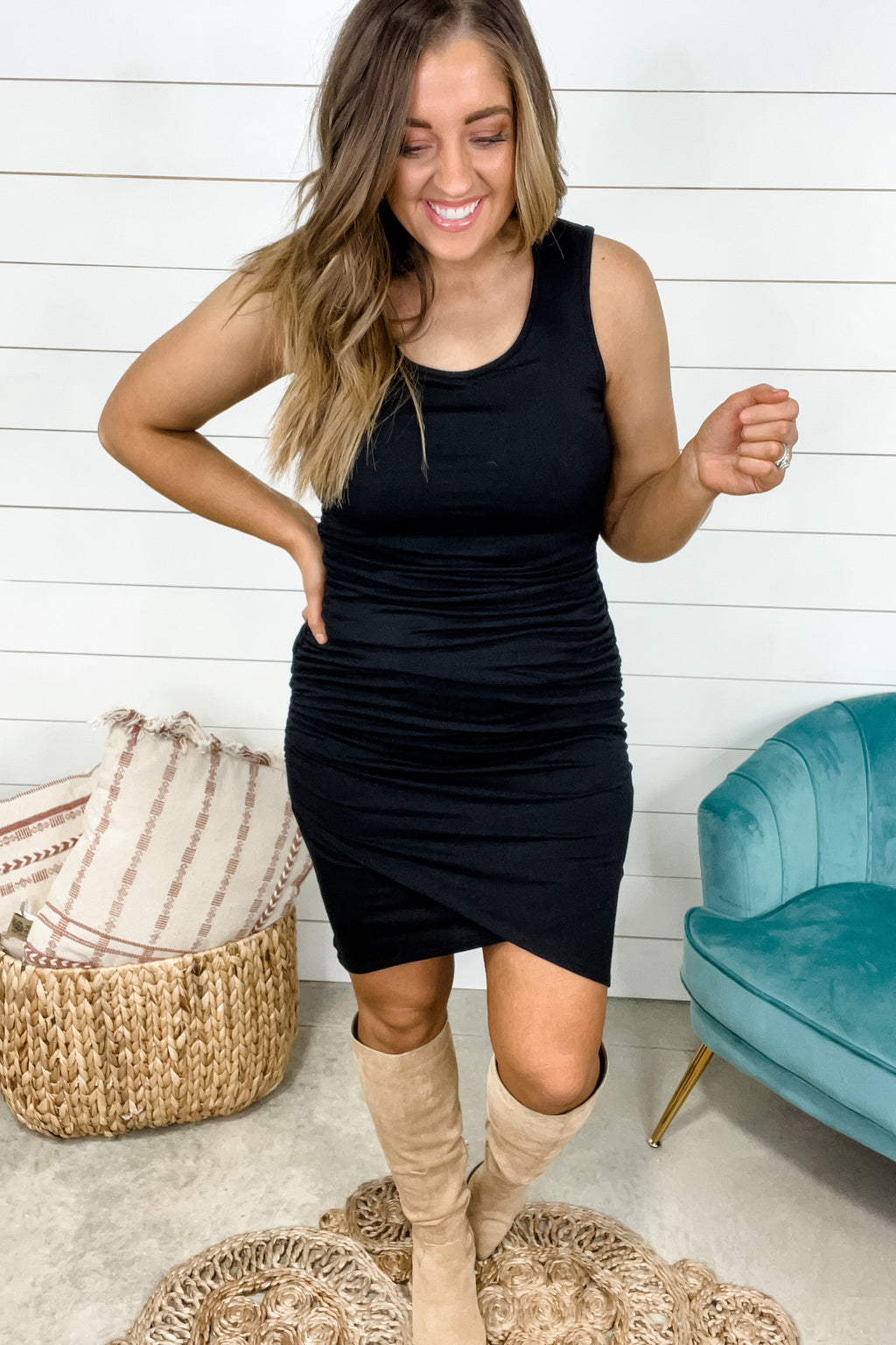 Rushing To You- Black Ruched Sleeveless Dress
